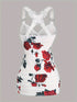 Rose Print Pleated Suspenders Butterfly Lace Cross Vest Women’s Tops